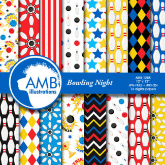 Bowling Night Digital Papers, Bowling Tournament, Bowling Birthday Party Papers, commercial use, AMB-1285