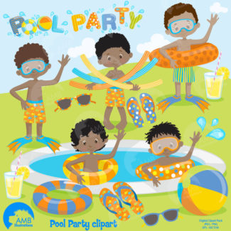 Boys Pool party, Swimming clipart, Dark skin, Pool party clipart, dark skin boys, African american boys, digital images, AMB-1263