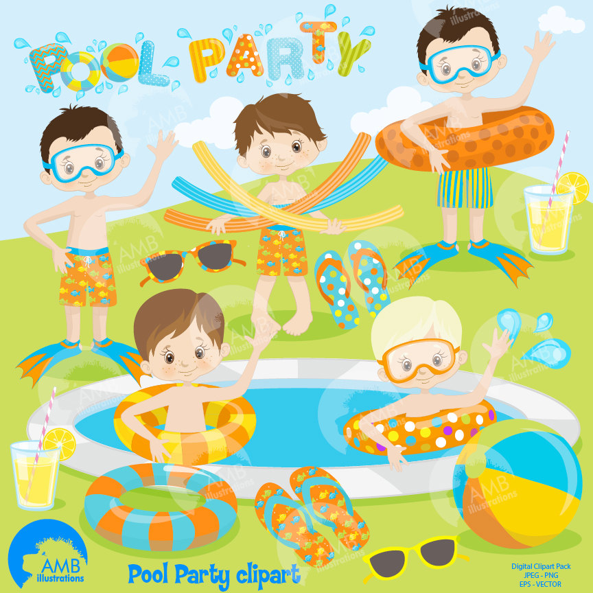 Boys Pool Party Clipart Vector PNG