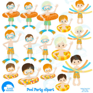 Boys Pool party, Swimming clipart, Pool party, Clipart Package, commercial use, vector, digital images, AMB-1259