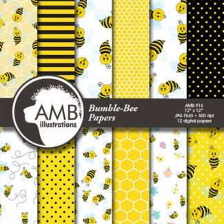 Bumble bee digital papers, Bee papers, Insects, honey, hive, bee scrapbook papers, commercial use, AMB-916