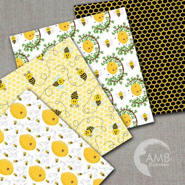 Bumble Bee Digital Papers, Honeybee Digital Patterns, Bee Papers, Insects, Hive, Honeycomb scrapbook paper, commercial use, AMB-1055