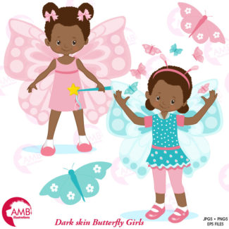 Butterfly clipart, Fairy clipart, Fairy girls clipart, princess clipart,  African American butterfly girls clipart,  AMB-1084