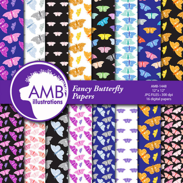 Butterfly digital papers, Butterflies in Multi colored patterns, scrapbook papers, digital backgrounds, commercial use, AMB-1448