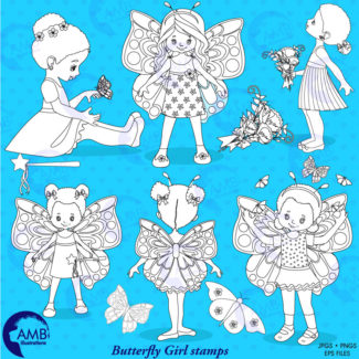 Butterfly Stamps, Fairy clipart, Fairy Digital Stamps, coloring page, black and white line, Princess, Butterfly Girls Stamps,  AMB-1085