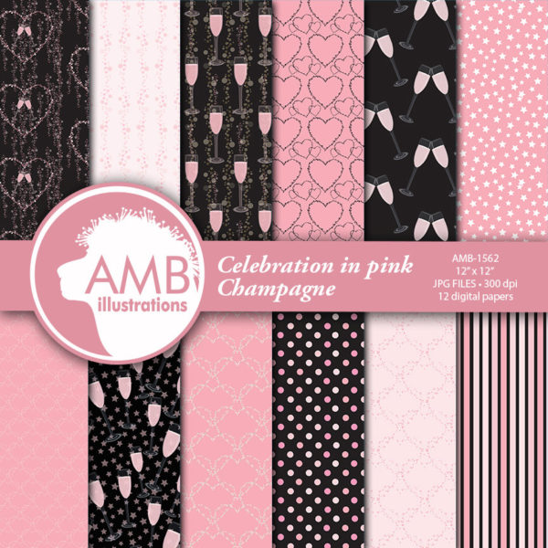 Celebration digital papers, Pink champagne papers, Valentine papers, New Years Eve papers, Champagne papers, commercial use,  AMB-1562
