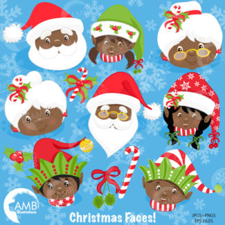 Christmas Clipart, African American Santa, Christmas Elf Clipart, Christmas Faces, Commercial Use, Instant Download AMB-1133
