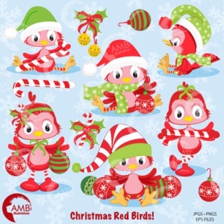 Red Christmas Birds Clipart, AMB-193