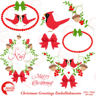 Christmas Clipart, Christmas Cardinal Clipart, Yuletide Frames and Embellishments, Christmas Ornament, Commercial Use, AMB-1464