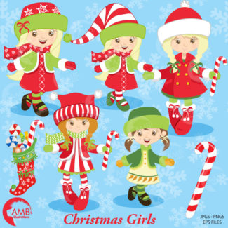 Christmas Clipart, Christmas Elves, Christmas Girls Clipart, Candy Cane Clipart, Commercial Use, AMB-189