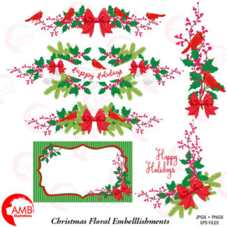 Christmas Clipart, Christmas floral Clipart, Vintage Christmas, Christmas banner, Christmas  floral embellishmnet, , AMB-1498