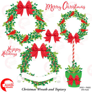 Christmas Clipart, Christmas wreath Clipart, Vintage Christmas, Christmas topiary, Christmas  floral embellishmnet, , AMB-1499