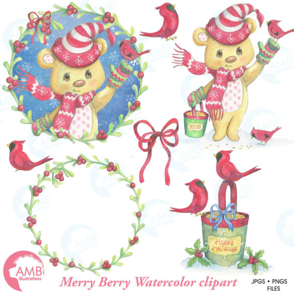 Christmas clipart watercolor, Christmas bearclipart, Christmas elements, Christmas embellishments, Christmas Wreath, AMB-1489