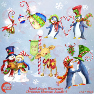Christmas clipart watercolor, holiday planner pack, Christmas, Christmas snowman, fairy, penguin, reindeer, AMB-1484