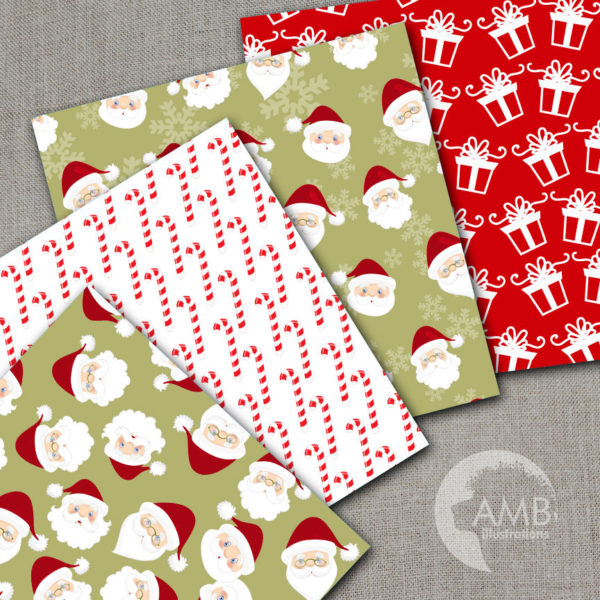 Christmas digital paper, Candycane patterns, Santa Claus papers, Scrapbooking, Commercial Use, AMB-1124
