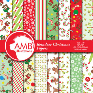 Christmas Digital Paper, Reindeer Christmas paper, Christmas images, Rudolph, Gingerbread men and Candy canes, commercial use, AMB-509