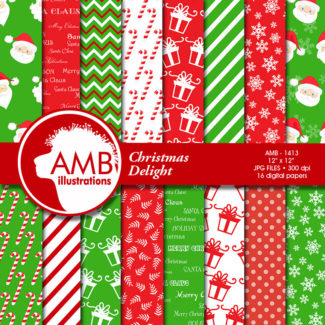 Christmas Digital Paper, Santa Claus Paper Patterns, Holiday Backgrounds, Candy Cane Papers, Scrapbooking,  Commercial Use, AMB-1413