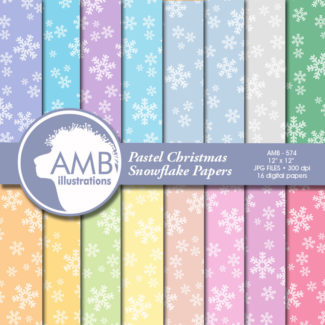 Christmas Digital Paper, Snowflake pastel papers, Christmas shabby chic papers, Snowflake patterns, commercial use, AMB-574