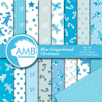 Christmas Digital Papers, Blue Christmas, Blue Gingerbread Men Christmas Backgrounds, Scrapbook Papers, commercial use, AMB-428