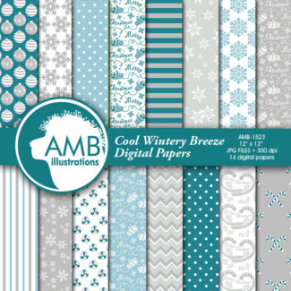 Christmas digital papers in gray and teals, Holiday Backgrounds, Christmasteal and grey papers, Scrapbooking, AMB-1523