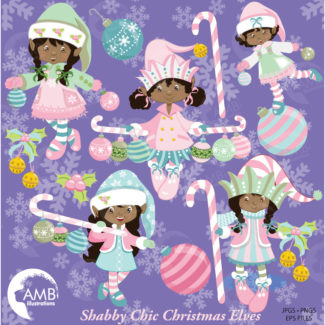 Christmas Elves Clipart, African American Christmas Girl Elves Clipart, Shabby Chic Christmas, Commercial Use, AMB-567