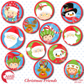 Christmas faces clipart, Christmas bottlecaps, buttons, clipart, commercial use, digital clipart, instant download AMB-1126