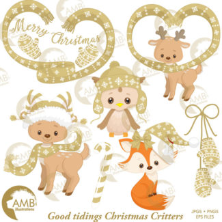 Christmas Forest critter Clipart in gold color, Reindeer Clipart,  Christmas Owl clipart, Christmas Fox Clipart, AMB-1526