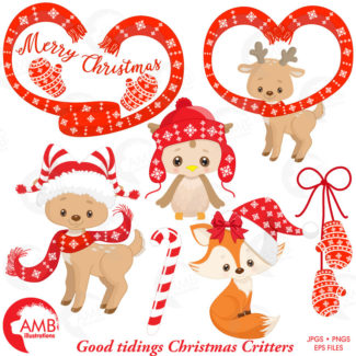 Christmas Forest critter Clipart, Reindeer Clipart,  Christmas Owl clipart, Christmas Fox Clipart, Commercial Use, AMB-1510
