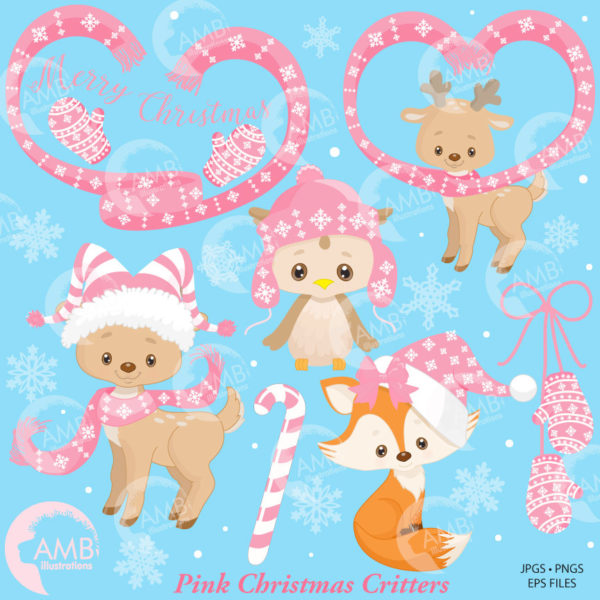 Christmas Forest Critters Clipart in Pink, Reindeer Clipart, Christmas Owl clipart, Christmas Fox Clipart, Commercial Use, AMB-1522