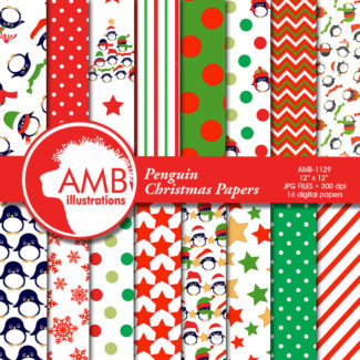 Christmas paper, Christmas digital paper, Penguin Digital Patterns, Holiday Backgrounds, Scrapbooking, commercial use, AMB-1129