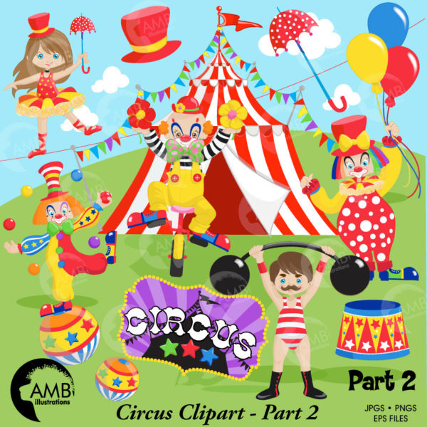 Circus Clipart pack, Clown clipart, circus clowns, tightrope walker, Carnival Birthday, strongman, commercial use, AMB-1160