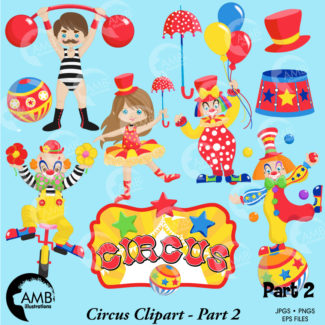 Circus Clipart pack, Clown clipart, circus clowns, tightrope walker, Carnival Birthday, strongman, commercial use, AMB-1160