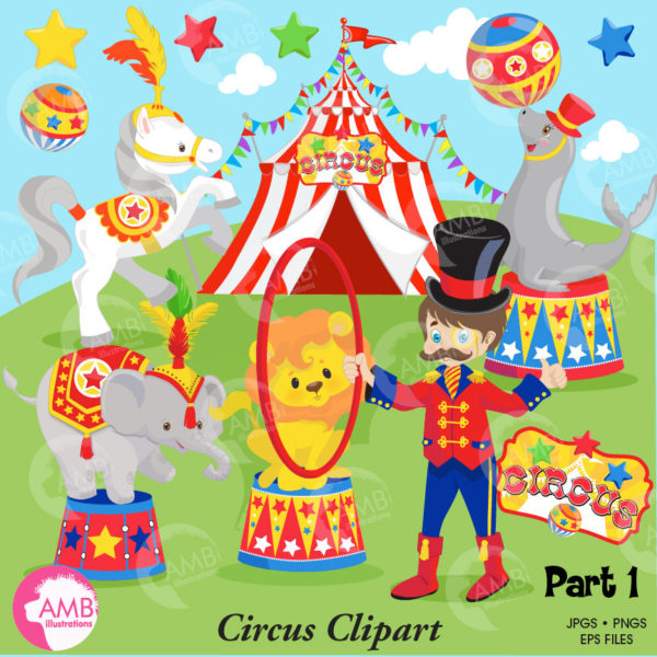 Circus Clipart pack, lion, seal, horse, elephant, Ringmaster, Elephants, Clowns clipart, commercial use, AMB-1158