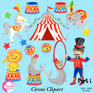 Circus Clipart pack, lion, seal, horse, elephant, Ringmaster, Elephants, Clowns clipart, commercial use, AMB-1158