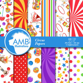 Circus digital papers, Carnival Papers, Circus scrapbook papers, Clowns, Circus animals, Birthday Party, commercial use, AMB-1159