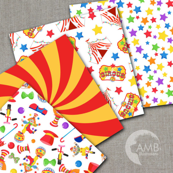 Circus digital papers, Carnival Papers, Circus scrapbook papers, Clowns, Circus animals, Birthday Party, commercial use, AMB-1159