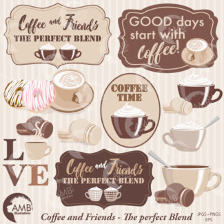Coffee clipart, Coffee time clipart, Coffee frame clipart, Coffee cups, Coffee words,  digital clip art, AMB-1566