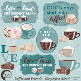 Coffee clipart, Coffee time clipart, Coffee frame clipart, Coffee teal and brown cups, Coffee words,  digital clip art, AMB-1590