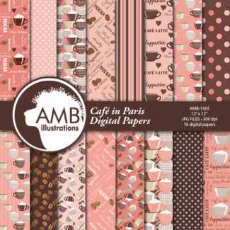 Coffee Digital Papers, Coffee Bean Papers, Cafe in Paris, coffee names, Coffee brown paper, cafe au lait papers, commercial use, AMB-1565