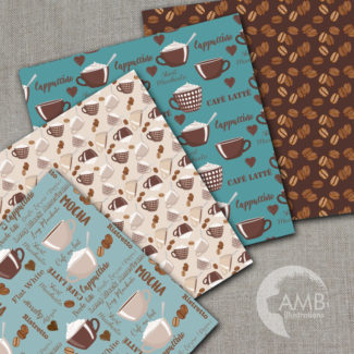 Coffee Digital Papers, Coffee Bean Papers, Coffee names paper, Chocolate brown and teal papers, cafe au lait paper, commercial use, AMB-1564