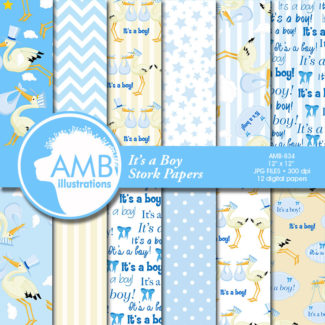 COMBO Baby Clipart And Digital Papers, It's a Boy Stork Clipart, Baby Shower Backgrounds, Birthday, Commercial Use, AMB-1654