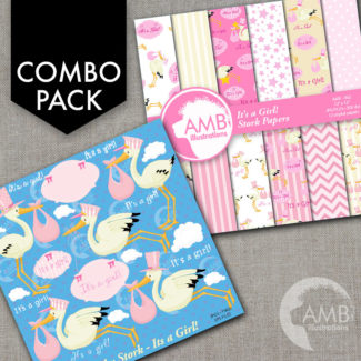 Girl Stork Baby Clipart and Papers COMBO-amb-1655