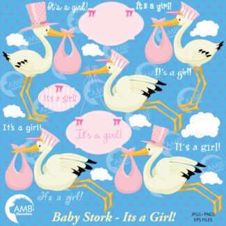 It's a Girl Stork Baby Clipart COMBO
