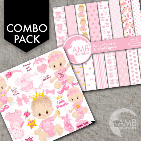 COMBO Baby Clipart and Digital Papers, Little Pink Princesses Clipart, Birthday Party, Baby Shower, Commercial Use, AMB-1619