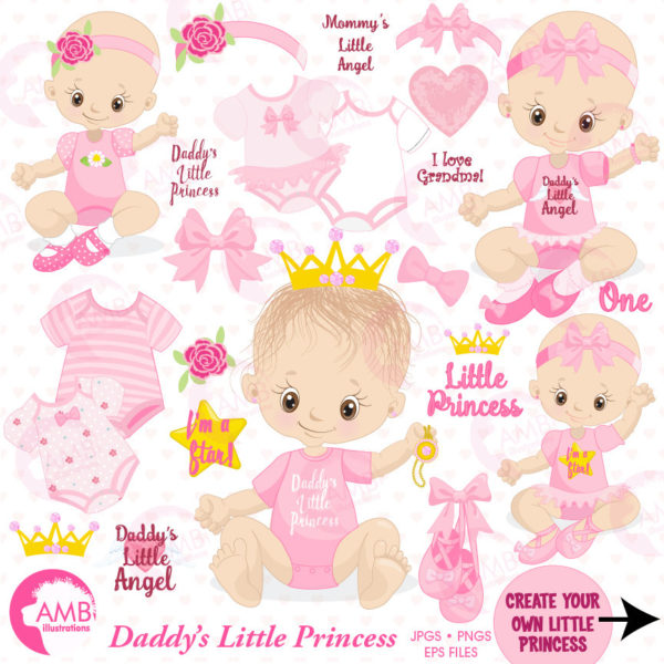 COMBO Baby Clipart and Digital Papers, Little Pink Princesses Clipart, Birthday Party, Baby Shower, Commercial Use, AMB-1619