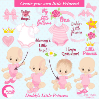 COMBO Baby Clipart and Digital Papers, Little Pink Princesses Clipart, Birthday Party, Baby Shower, Commercial Use, AMB-1619