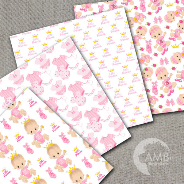 COMBO Baby Clipart and Digital Papers, Little Pink Princesses Clipart, Birthday Party, Baby Shower, Commercial Use, AMB-1619