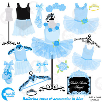COMBO Ballerina Tutus in Blue Clipart and Digital Papers Pack, Ballet Class, Party invitations, Recital, Commercial Use, AMB-1653