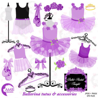 COMBO Ballerina Tutus in Lavender Clipart and Digital Papers Pack, Ballet Class, Party invitations, Recital, Commercial Use, AMB-1611