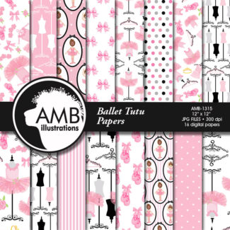 COMBO Ballerina Tutus in Pink Clipart and Digital Papers Pack, Ballet Class, Party invitations, Recital, Commercial Use, AMB-1612